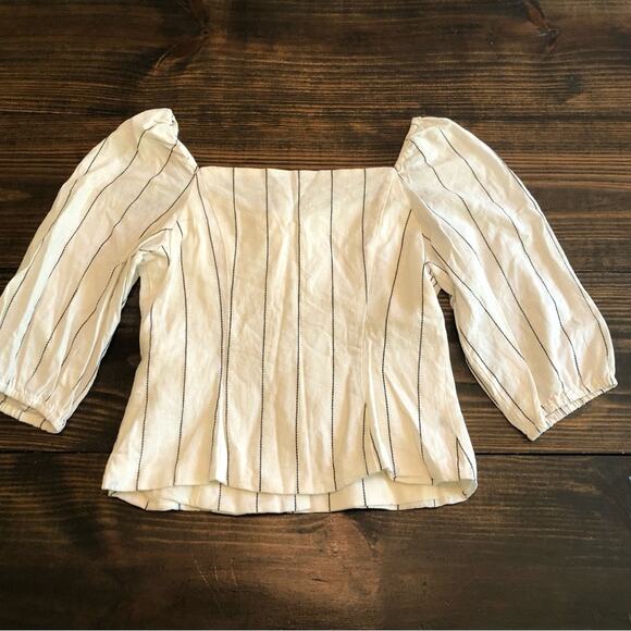 Boho Linen Square Neck Puff Sleeve Pin Striped Cropped Top Women’s Small Cream - Picture 9 of 10